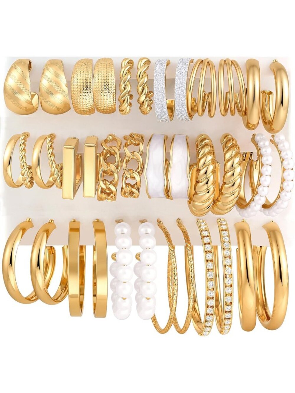 18 Pairs Gold Hoop Earrings Set - Stackable, Lightweight, Pearl & CZ Styles